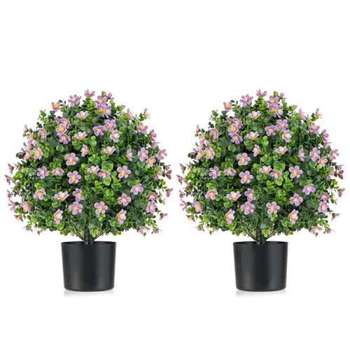 Goplus 21.5'' Artificial Boxwood Topiary Ball Tree, Set of 2 Faux Potted Plants Artificial Shrubs Bushes with Flowers, Fake Evergreen Artificial Topiary for Indoor Outdoor Home Front Porch Decor | Amazon (US)