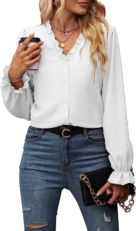 ABYOXI Long Sleeve V Neck Button Down Shirts for Women Casual Loose Fit Blouse Ruffle Sleeves Work T | Amazon (US)