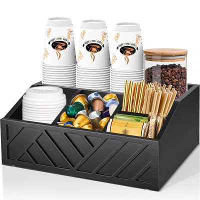 Adjustable Wooden Coffee Bar Organizer – 6-Compartment Black Carved Coffee Station Holder For Kitchen, Office, Hotel, And Events | Wayfair Professional
