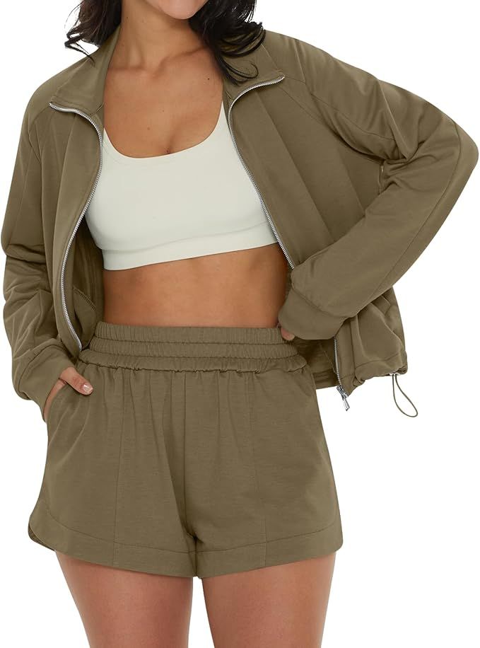 DEEP SELF Women 2 Piece Outfits Sweatsuit Casual Long Sleeve Zip Up Top and Shorts Pajamas Tacksu... | Amazon (US)