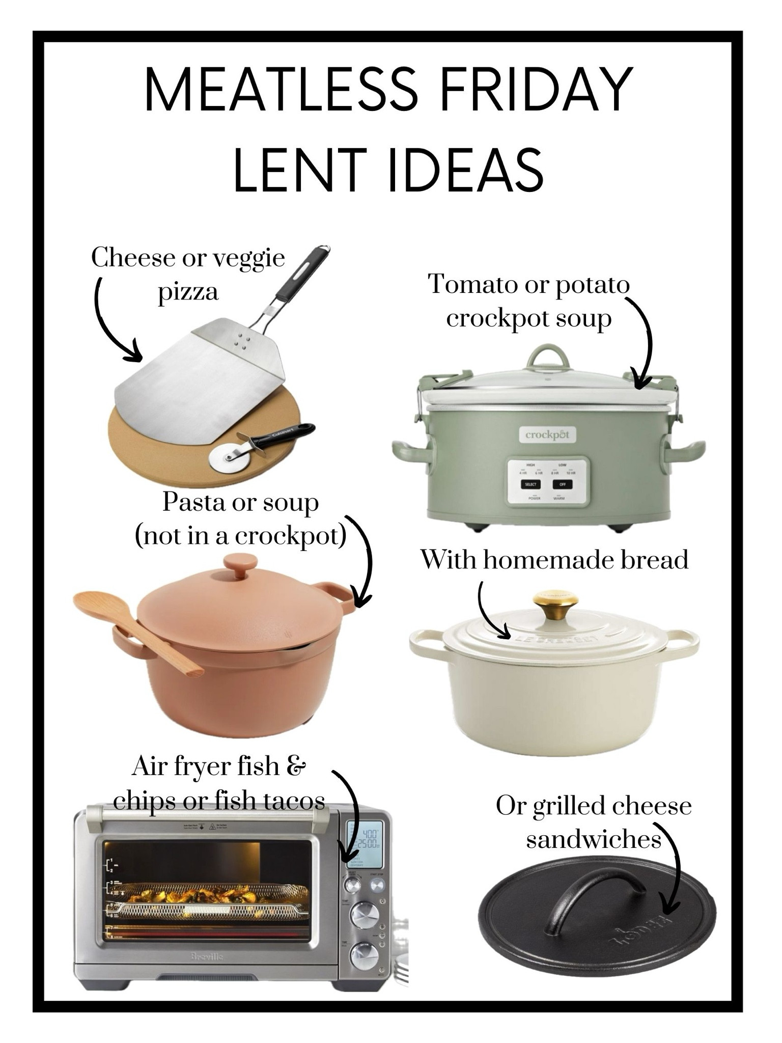 meatless friday lent ideas! cheese or veggie pizza | potato or tomato soup with grilled cheese sandwiches or homemade bread | air fryer fish & chips or fried fish tacos | pasta alla vodka 

#LTKfamily #LTKhome
