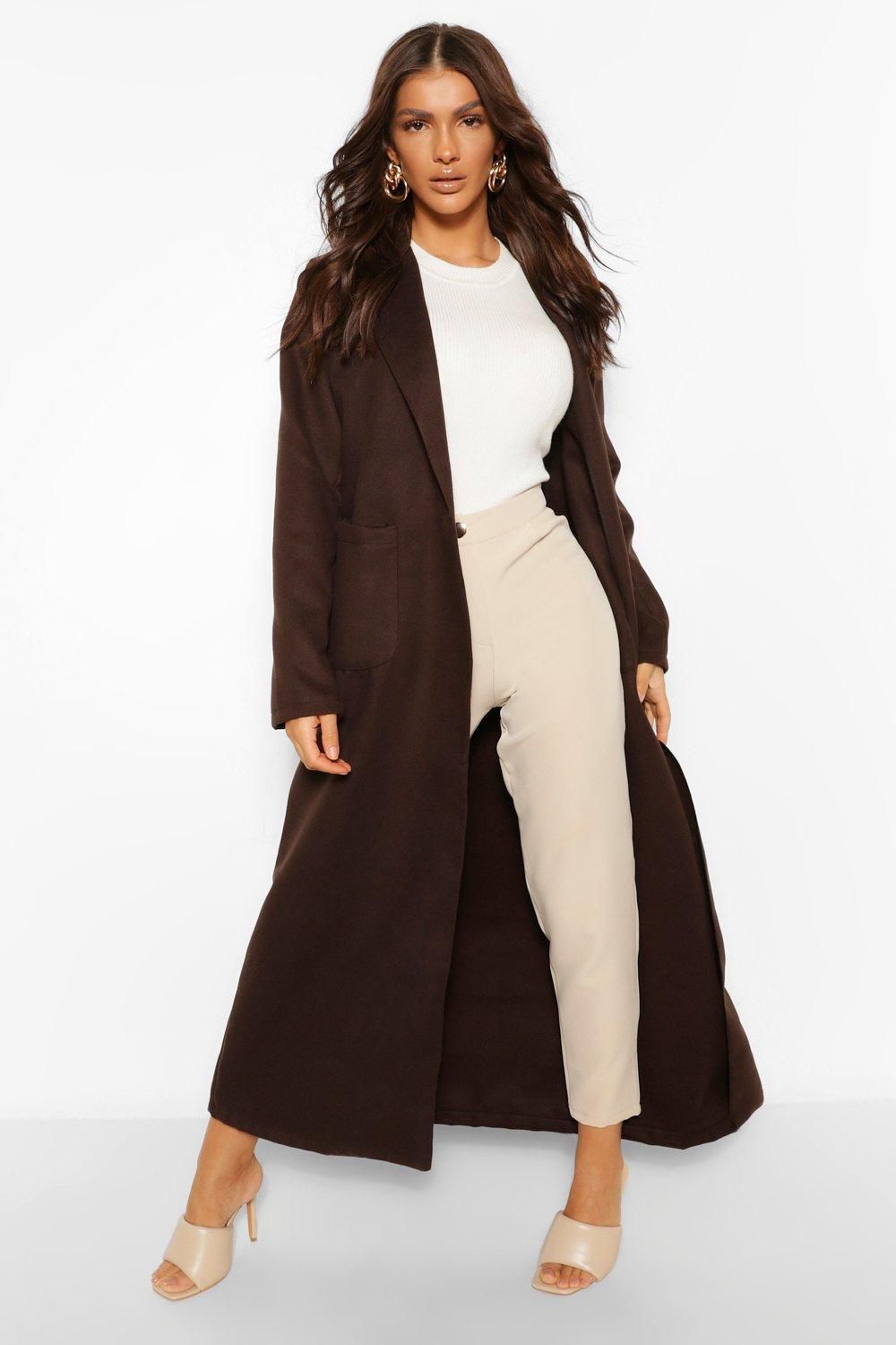 Womens Maxi Length Wool Look Coat - Brown - 6 | Boohoo.com (US & CA)