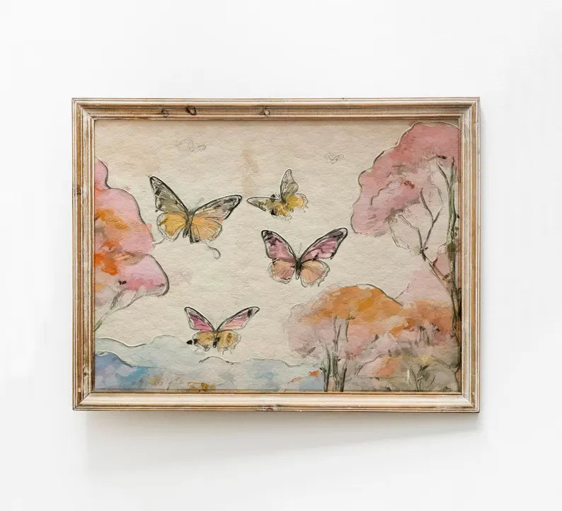 Abstract Butterflies Print, Nursery Room Painting, Blush Vintage Art, Pink Girl Bedroom Wall Art,... | Etsy (Global)