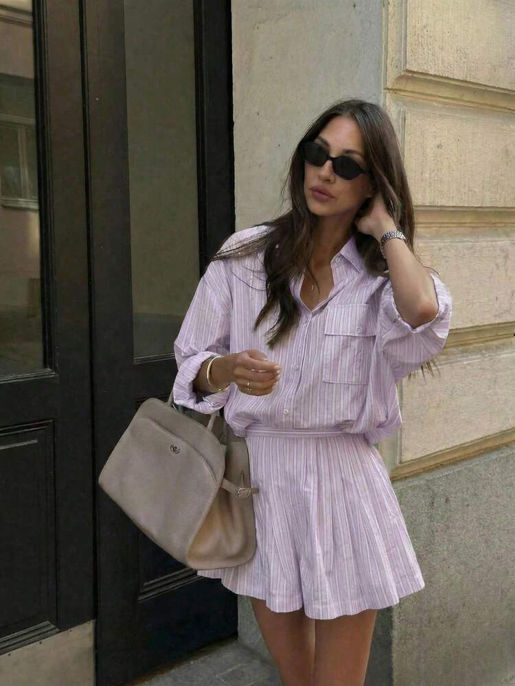 2pcs Women's Elegant Set: Spring/Summer Versatile Casual High Waist Pleated Shorts + Striped Long Sleeve Shirt, New Refreshing Striped Outfit, Suitable For Work, Hangout, Travel, Campus, Fashion Blogger Same Style, Chic And Slimming | SHEIN