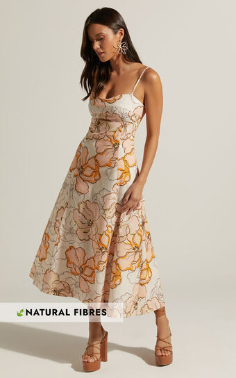 Amalie The Label - Carietta Linen Blend Strappy Sweetheart Cut Out A Line Midi Dress in Maison Fl... | Showpo (ANZ)