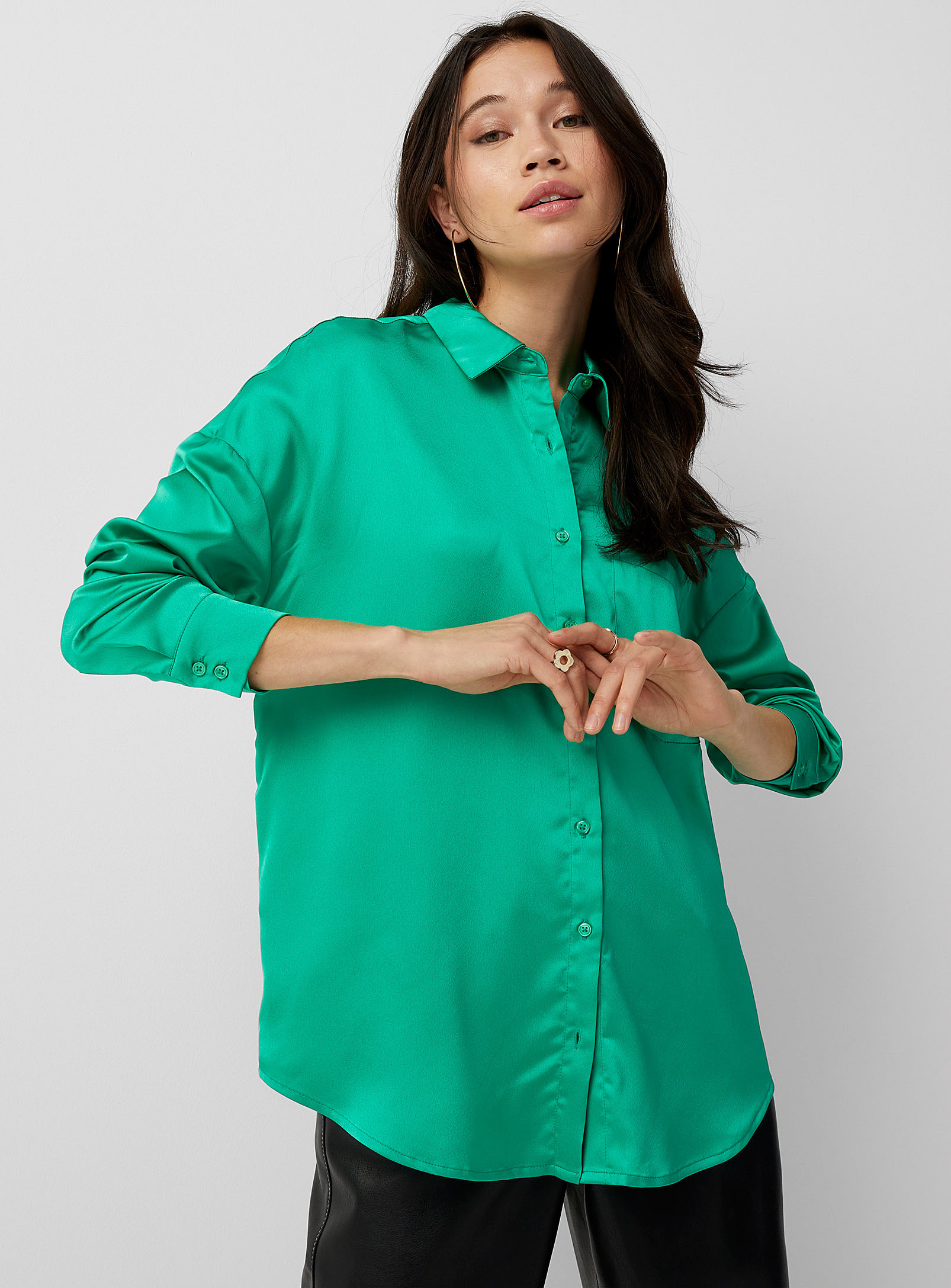 Twik - Loose pocket satin shirt (Women, Green, X-SMALL) | Simons
