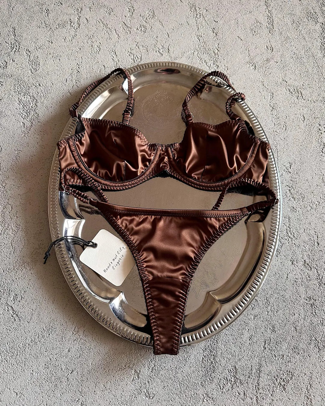 Dark Chocolate Satin Lingerie: Brown Srappy Bra and Thong Set, Boudoir Underwear Gift - Etsy | Etsy (US)