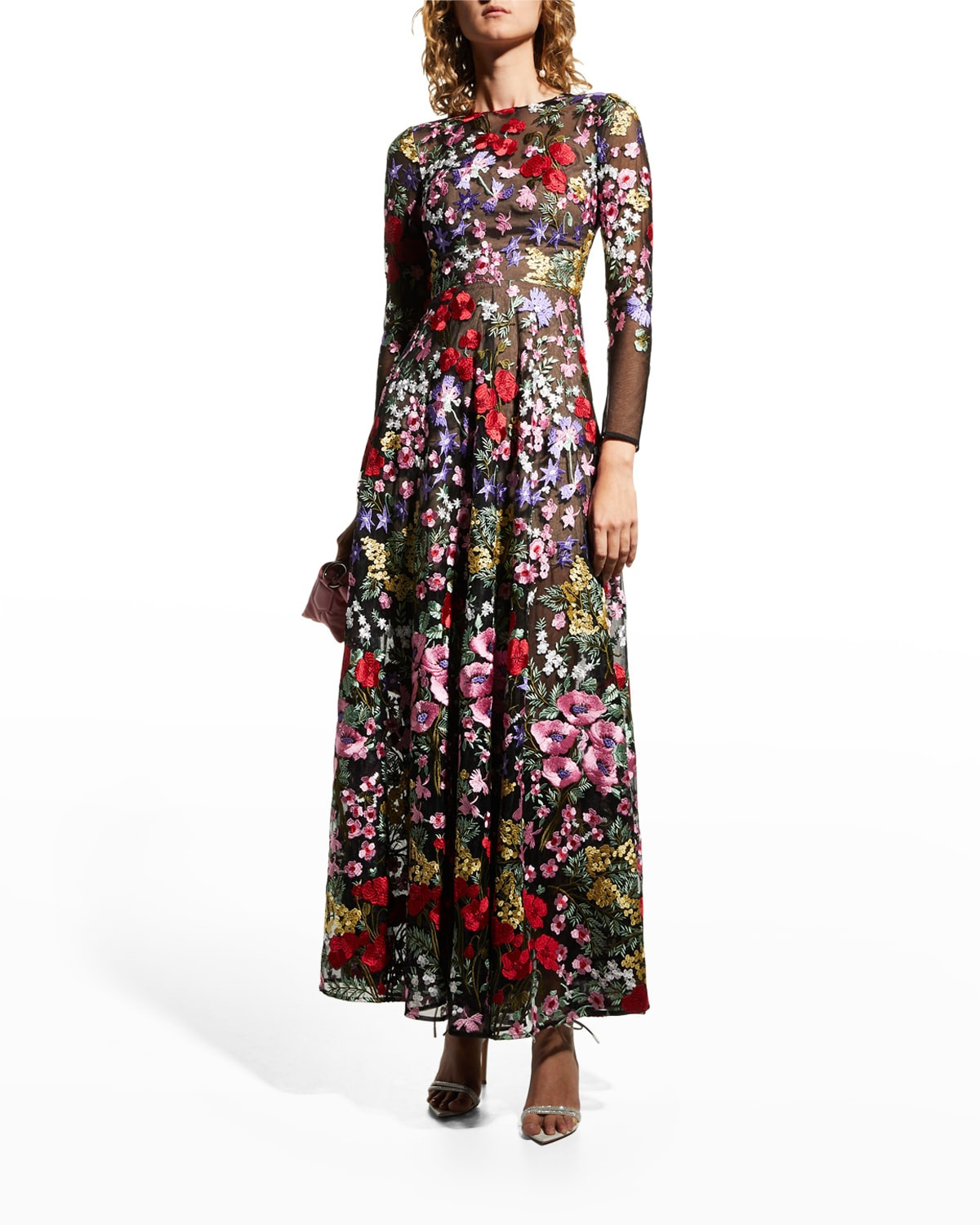 Ava Floral-Embroidered Bracelet-Sleeve Gown | Neiman Marcus