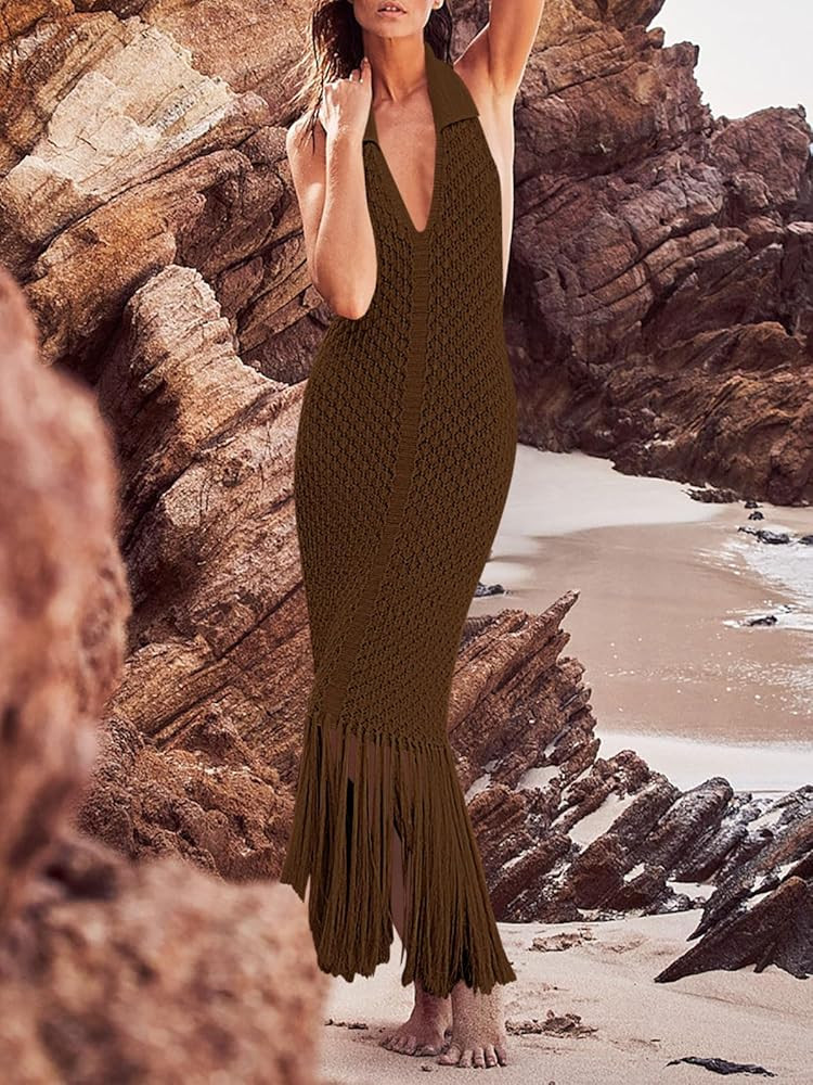 Saodimallsu Womens Halter Crochet Cover Up Fringe Sexy Backless Sleeveless V Neck Collared Vacati... | Amazon (US)