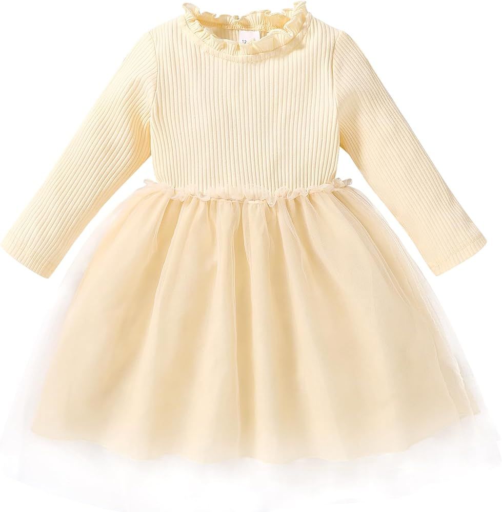 Amazon.com: Toddler Baby Girls Tutu Dress Ruffle Solid Long Sleeve Tulle Princess Dresses Fall Wi... | Amazon (US)