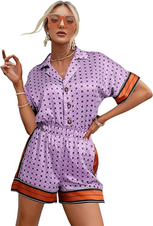 OYOANGLE Women's 2 Piece Outfits Boho Button Front Short Sleeve Printed Blouse Paperbag Waist Sho... | Amazon (US)