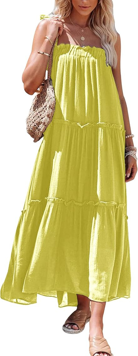Fazortev Womens Summer Flowy Ruffle Tiered Maxi Dress Casual Sleeveless Spaghetti Strap Loose Midi D | Amazon (US)