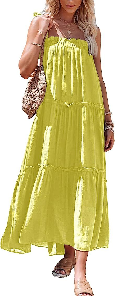 Fazortev Womens Summer Flowy Ruffle Tiered Maxi Dress Casual Sleeveless Spaghetti Strap Loose Midi D | Amazon (US)