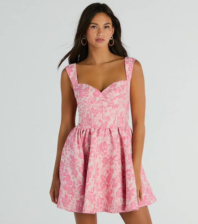 Cassie Corset Floral Jacquard Party Skater Dress | Windsor Stores