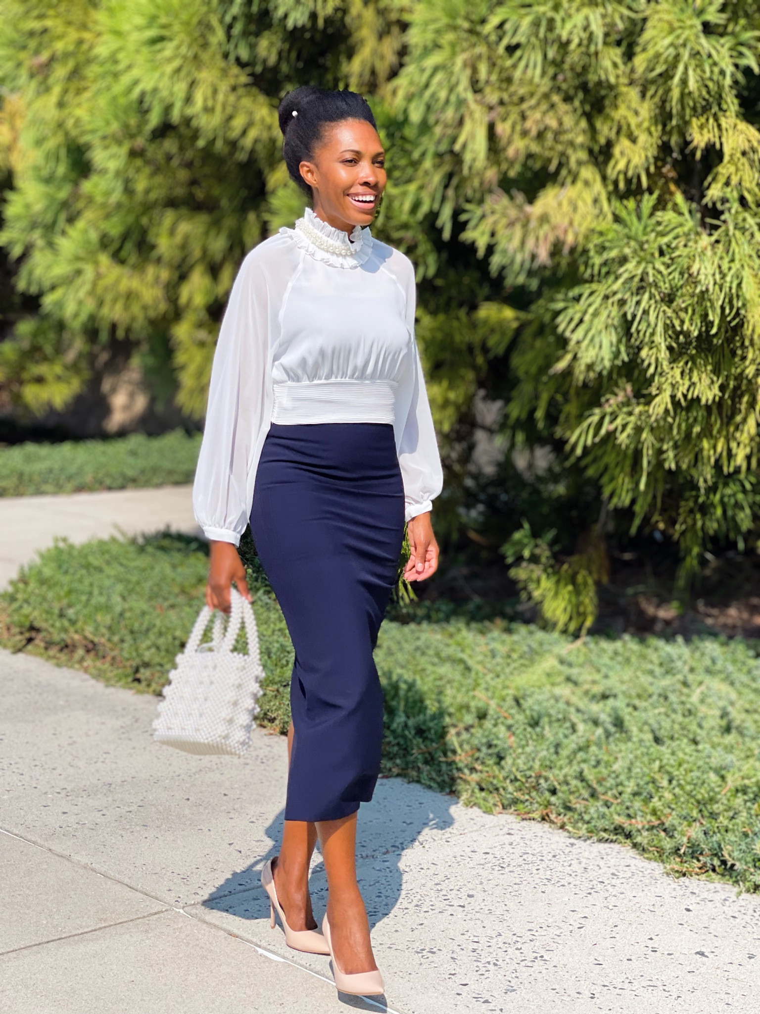 Mock turtle neck Pearl embellished blouse + pencil skirt combo 