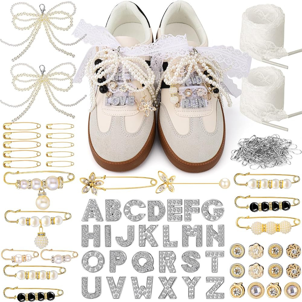 AIERSA Shoe Charms for Sneakers Socks, 93pcs Letter Shoe Lace Charms Jewelry, Pearl Junk Pins, St... | Amazon (US)