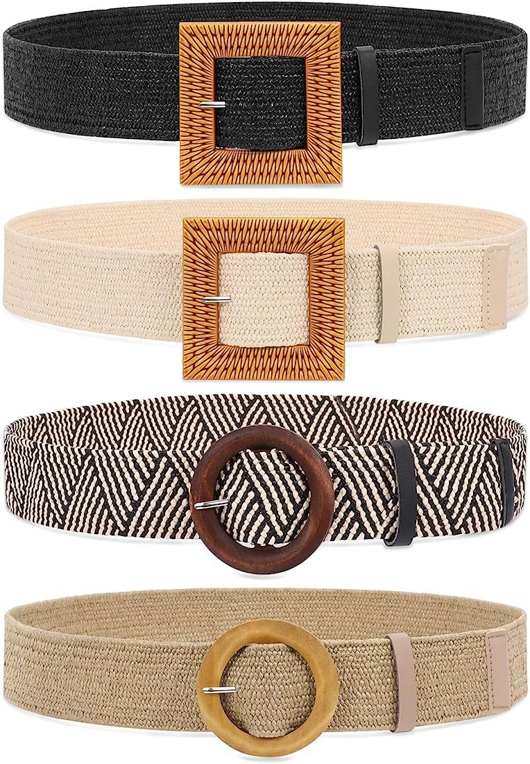 WHIPPY Set of 4 Straw Woven Elastic Stretch Waist Belts for Women, Fashion Boho Ladies Braided Sk... | Amazon (US)