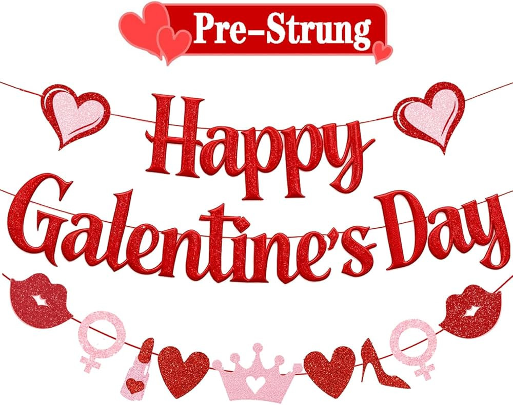 Pre-Strung Happy Galentines Day with Cute Red Pink Lip Lipstick Heart Crown Heels Garland for Lad... | Amazon (US)