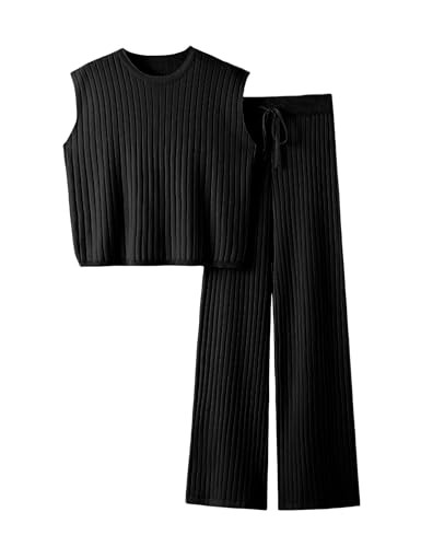 Dqbeng Women's 2 Piece Outfits Sweater Sets Knit Sleeveless Pullover Tops High Waist Pants Lounge Sets Tracksuits (Black-L) | Amazon (US)