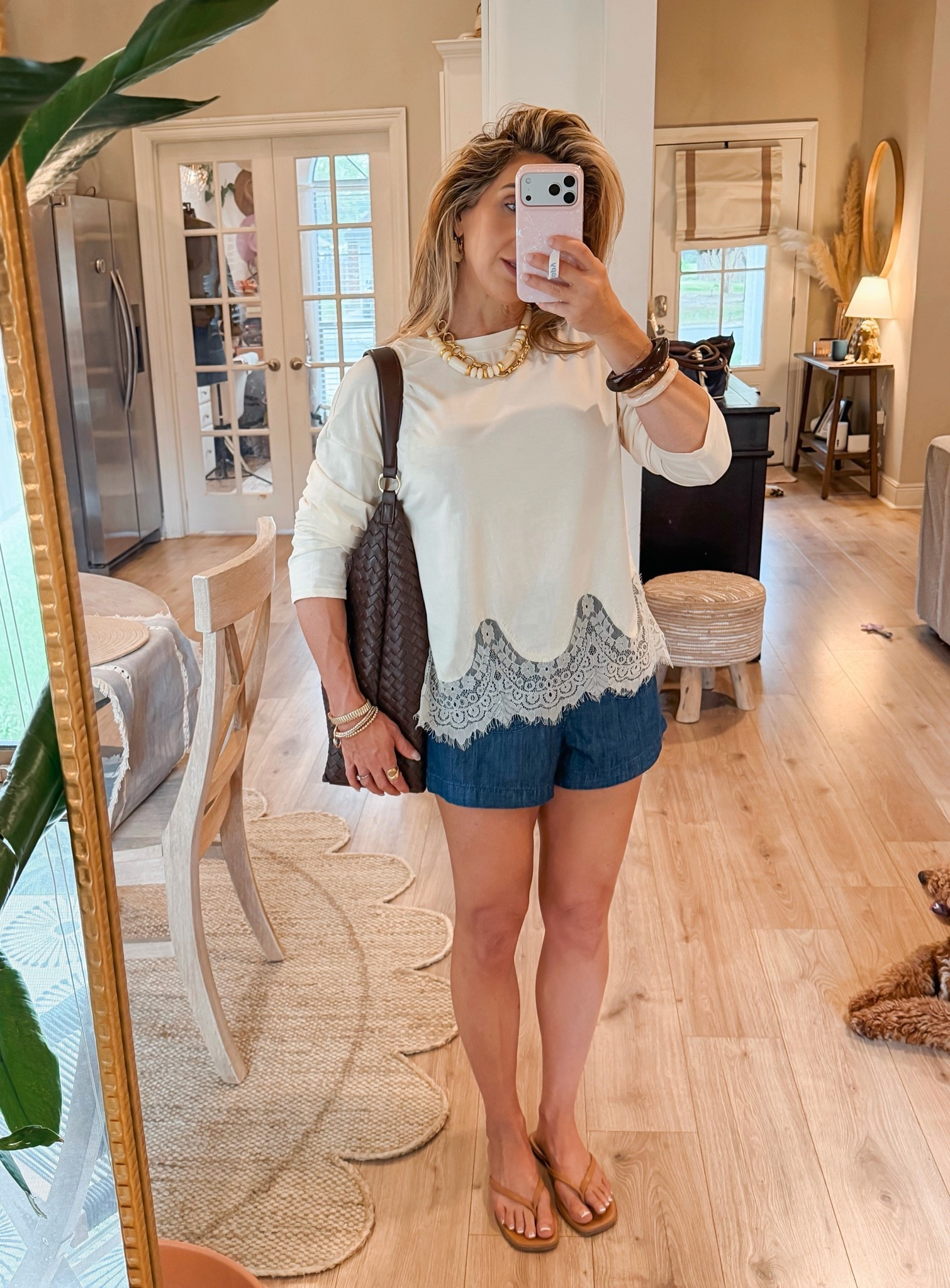 Took a chance on this lace trimmed tee and it’s exactly what I had hoped for. 👏 Soft cotton with a beautiful lace scalloped trim on the hem. 

Fall outfits women, fall long sleeve tops, long sleeve tee shirt, denim shorts, fall slouchy chocolate brown bag

#LTKootd #LTKmomlife #LTKOver40
