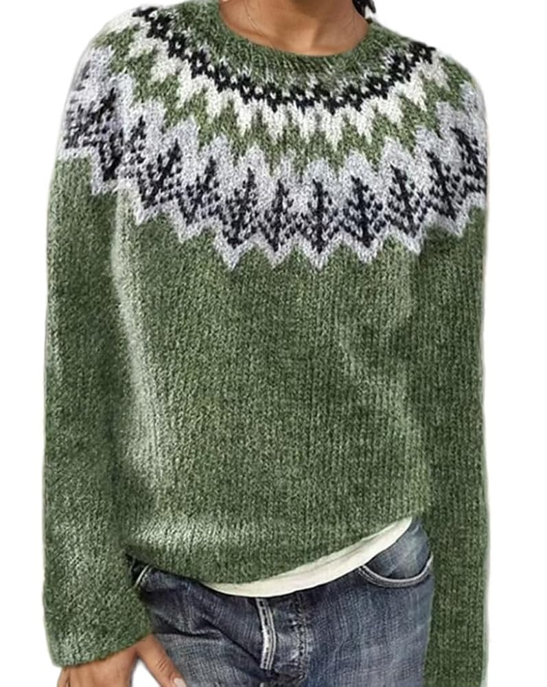 Women's Vintage Fair Isle Sweater Knitted Crewneck Long Sleeve Pullover Winter Sweaters Tops | Amazon (US)