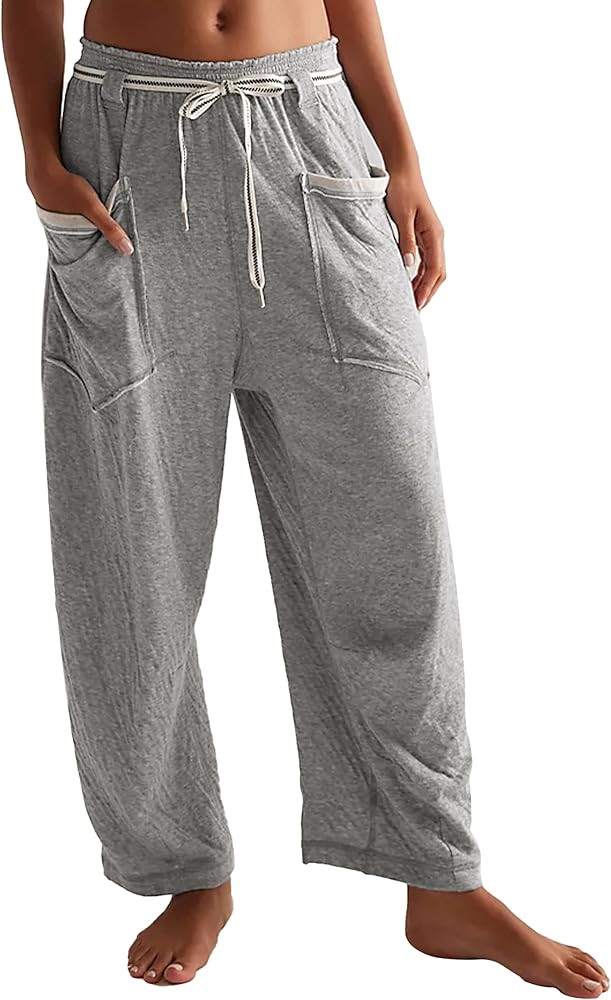 Womens Barrel Pants Drawstring Wide Leg Lounge Sweatpant Casual Baggy Trousers with Pockets | Amazon (US)