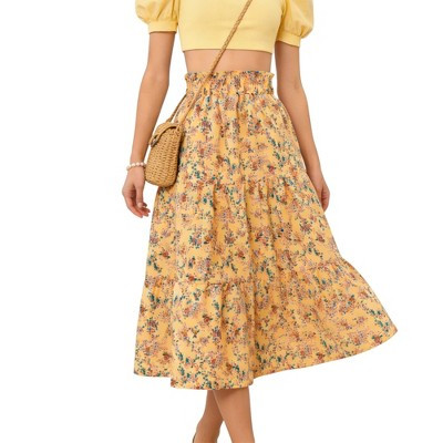 Women's Tiered Ruffle Midi Skirt with Smocked High Waist Flowy Floral Boho Skirt for Casual Summer Wear Yellow M | Target