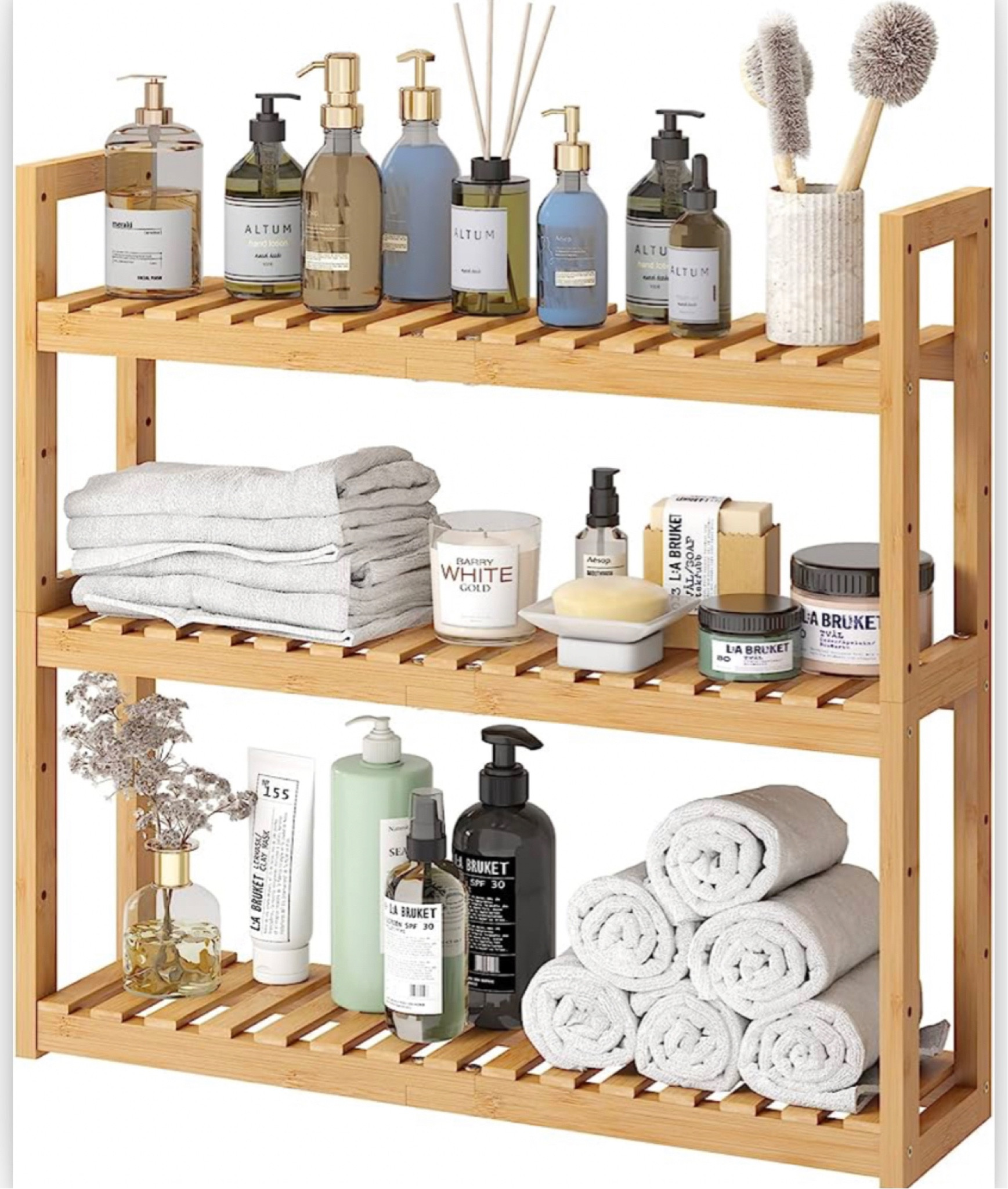 3 tiered bamboo narrow shelf for bathroom. Configurable and can be hung on the wall 