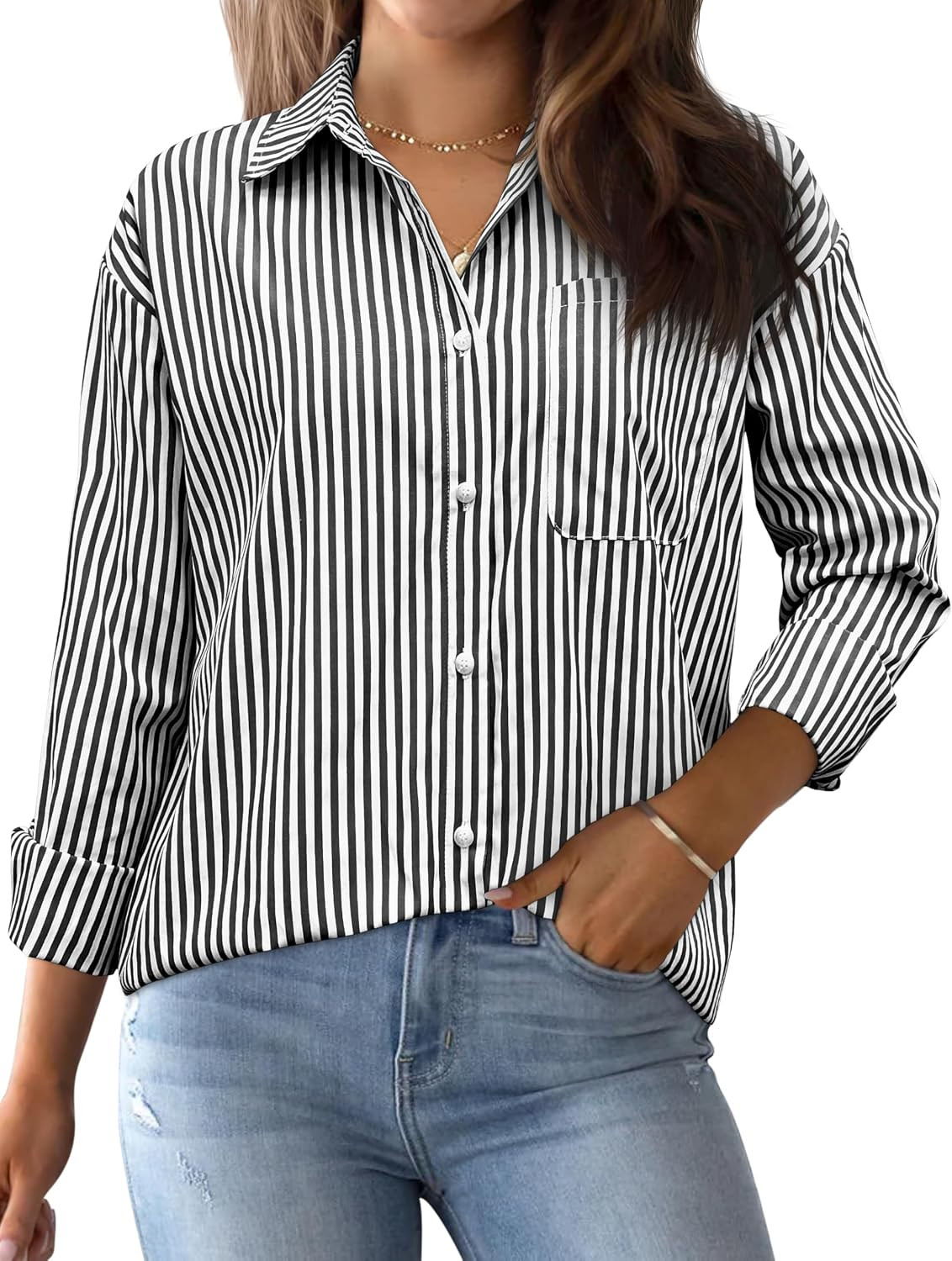 AISEW Womens Button Down Shirts Striped Classic Long Sleeve Collared Office Work Blouses Tops with Pocket | Amazon (US)