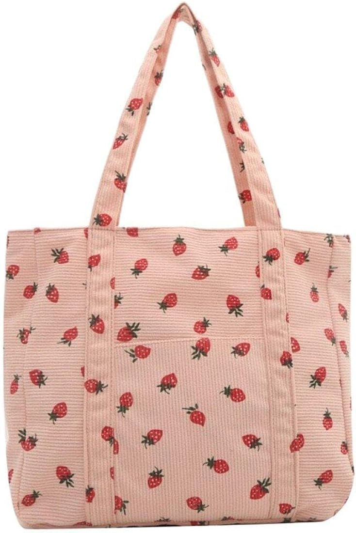 Women Corduroy Tote Bag,Corduroy Strawberry Print Tote Bag,With Zipper Hobo Bags Handbags Big Cap... | Amazon (US)