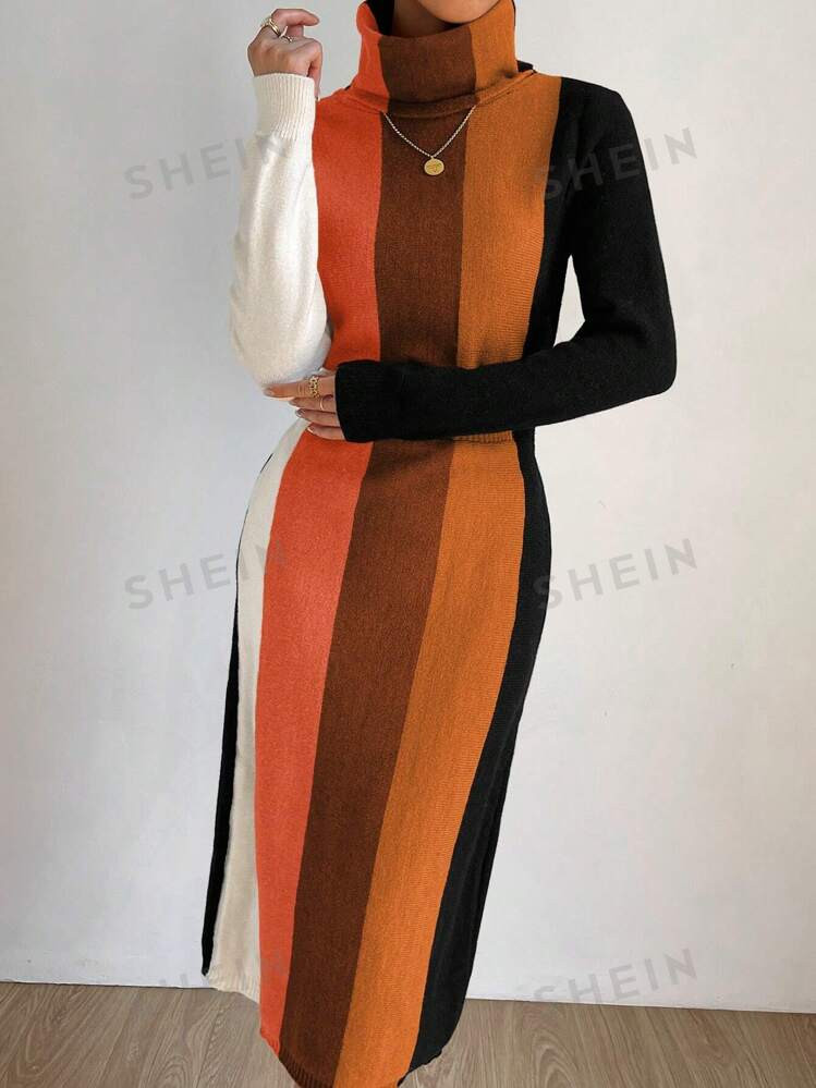 SHEIN Privé Casual Color Block Striped Turtleneck Sweater Dress, Autumn/Winter | SHEIN