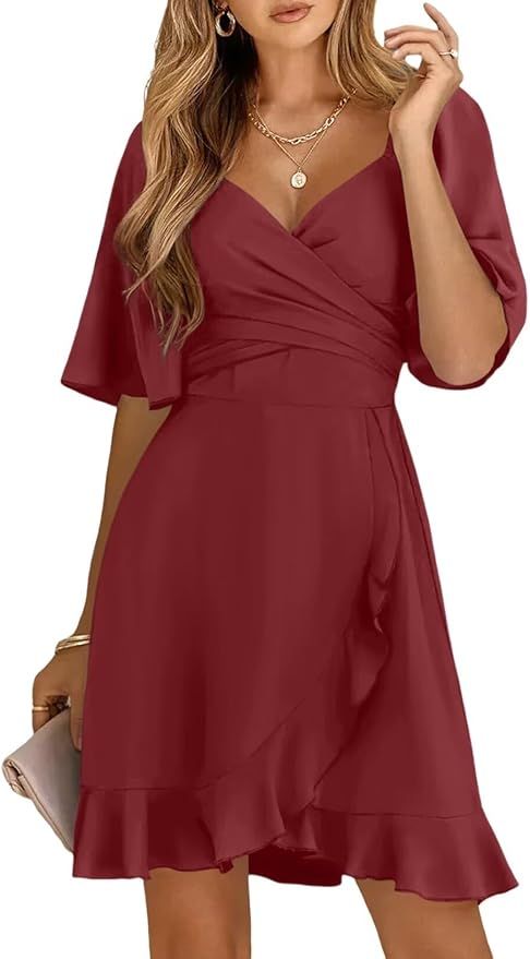 Dokotoo Women's Wrap V Neck Short Flared Sleeve Wedding Guest Dress Smocked Elastic Waist Tiered ... | Amazon (US)