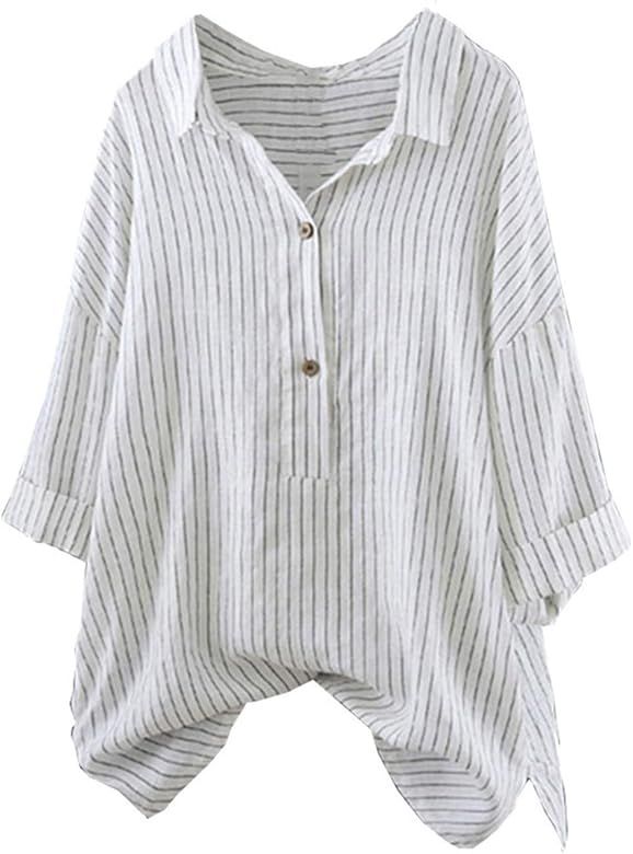 Striped Shirt Womens Half Sleeve Button Up Cotton and Linen T Shirt Casual Tunic Classic Boyfrien... | Amazon (US)