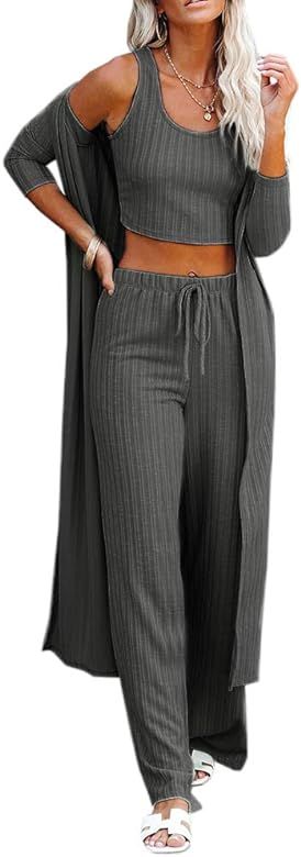 Womens Lounge Set Cute Tank Top Wide Pants and Kimono Coat Knit Jumpsuit Casual 3 Piece Outfit Da... | Amazon (US)