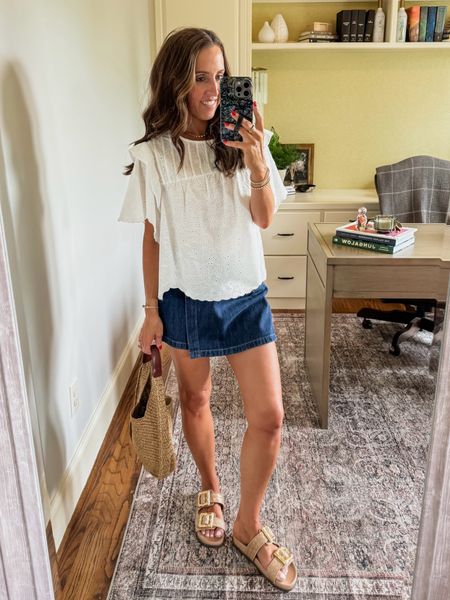 Denim mini skort. J.Crew. White eyelet top. Summer top. Straw bag.
Top XS. Skort 2. Sandals TTS

#LTKfindsunder100 #LTKSeasonal #LTKover40