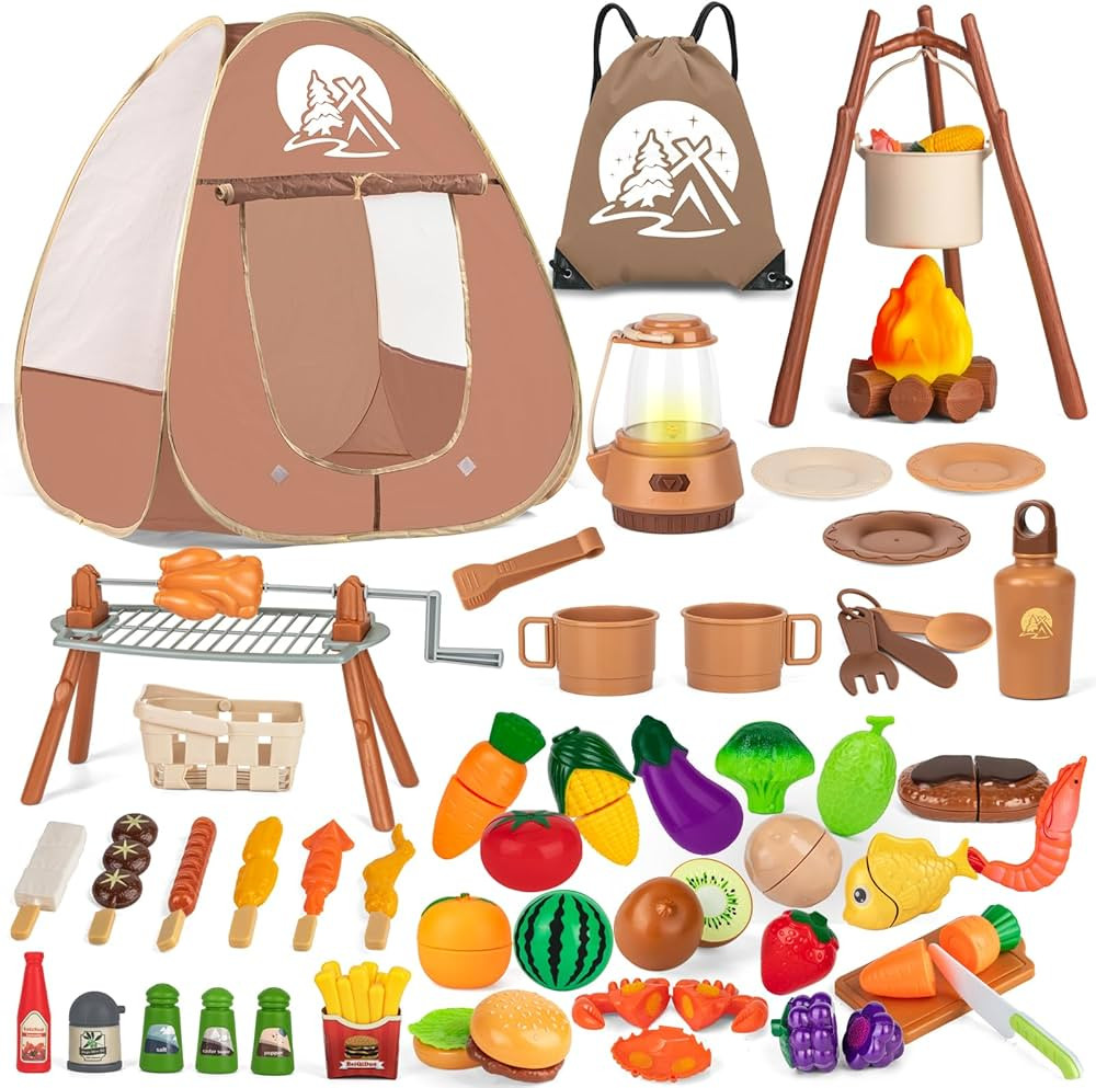 80PCS Kids Camping Toys Set with Play Tent Campfire Toys,Toy BBQ Grill Set,Pretend Cutting Play F... | Amazon (US)