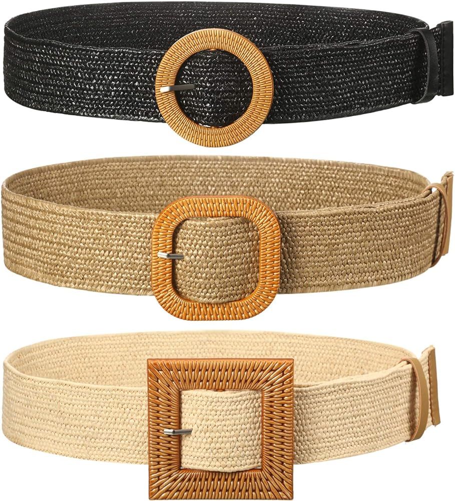 Syhood 3 Pieces Straw Woven Elastic Waist Belt for Women Bohemian Dress Braided Belt | Amazon (US)