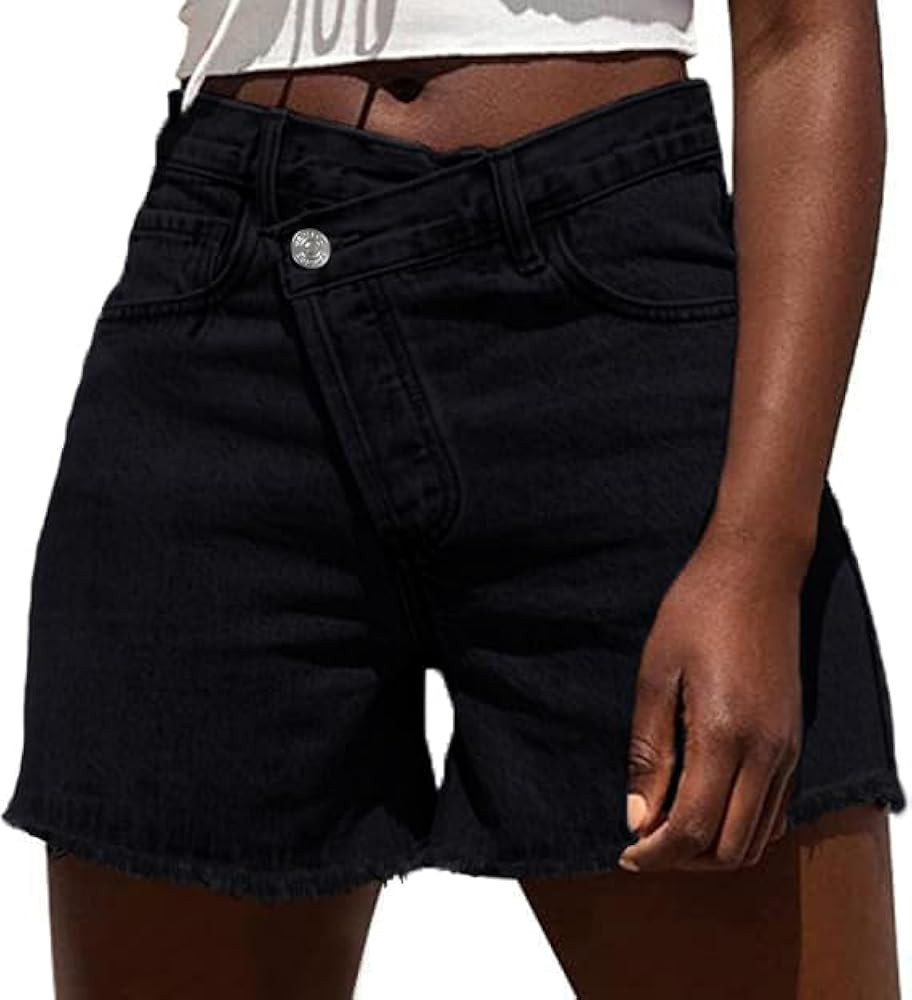 Genleck Womens Crossover Jean Shorts - Stretch High Waisted Trendy Denim Shorts Curvy Casual Summ... | Amazon (US)