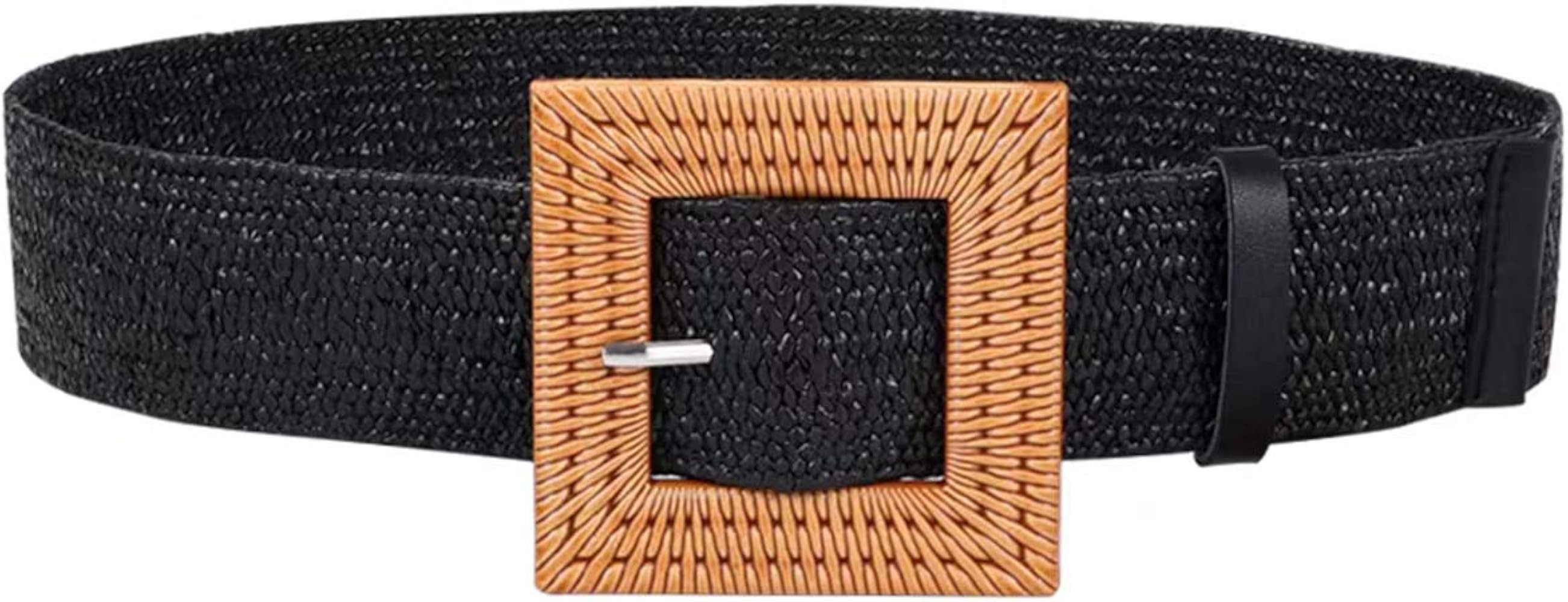 Women Skinny Dress Belt, Fashion Straw Woven Elastic Stretch Waist Band Wood Buckle Belt | Amazon (US)