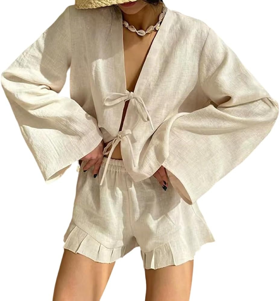CHARTOU Women Cotton Linen Two Piece Outfits Tie Front Shirt and Ruffle Shorts Matching Lounge Se... | Amazon (US)