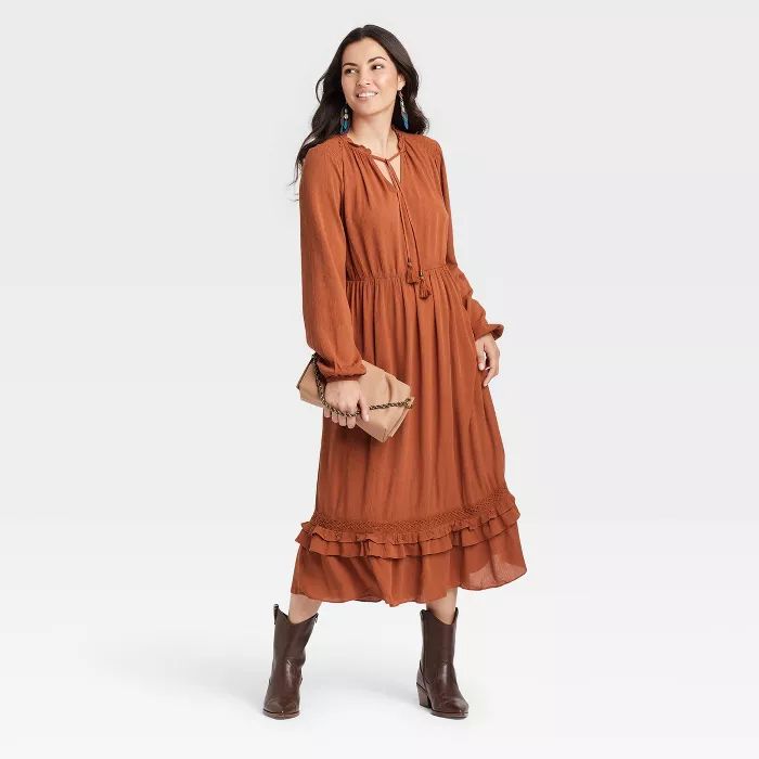 Women&#39;s Ruffle Long Sleeve Dress - Knox Rose&#8482; Brown M | Target