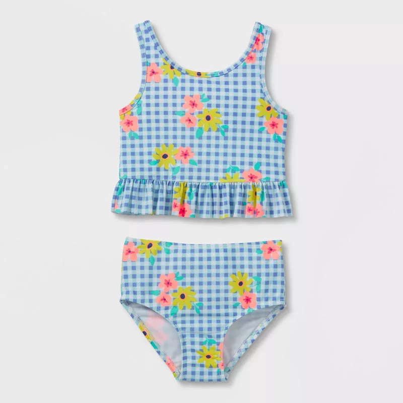 Toddler Girls' Floral Gingham Print Tankini Set Swimsuit - Cat & Jack™ Blue | Target