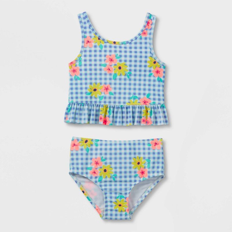 Toddler Girls' Floral Gingham Print Tankini Set Swimsuit - Cat & Jack™ Blue | Target