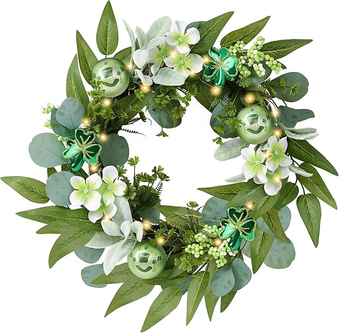 Valery Madelyn St. Patrick's Day Wreath for Front Door with Lights, Artificial Spring Eucalyptus ... | Amazon (US)