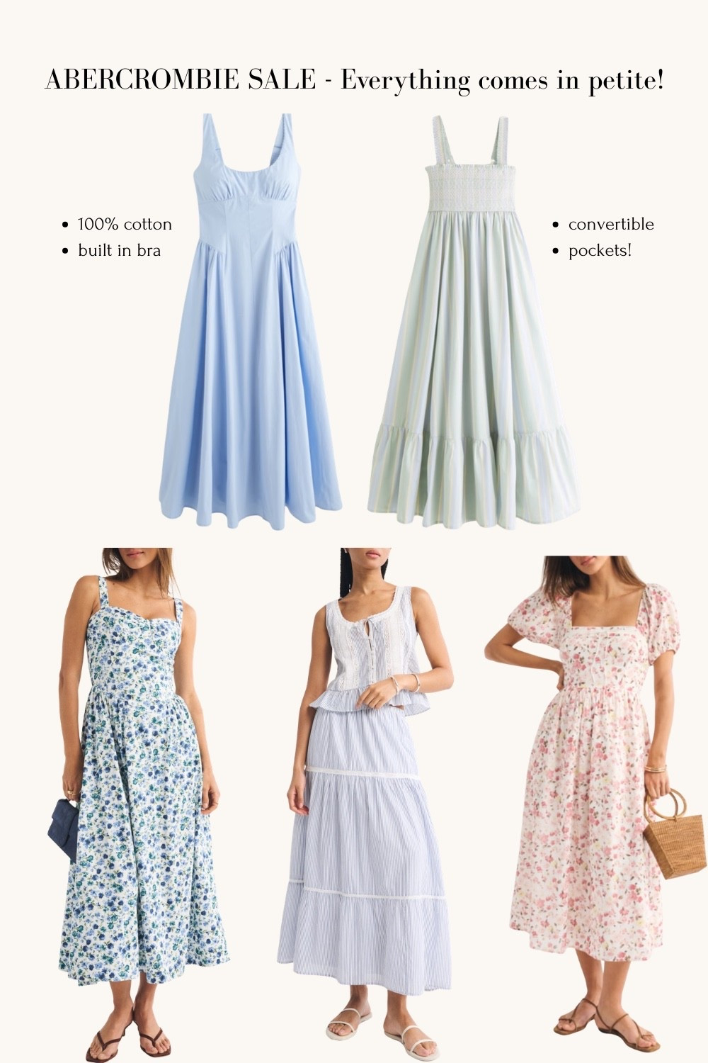 BOGO sale at abercrombie! Everything available in petites, too

1. The bestselling cotton dress with built in bra and pockets is back in this gorgeous light blue color and more.
XXS Petite fits me well.

2. Convertible dress is super cute but a little long on me to wear as a skirt. However you can still convert it from a strapped to strapless dress, bump and nursing friendly.

3. Dress 3 is SO flattering for a wedding or spring/summer event with a corset style bust with cups

Have not tried set 4 or dress 5 yet!

Mothers day, baby or bridal shower outfits , spring summer petite floral dresses 

 #LTKSeasonal #LTKPetite #LTKTravel