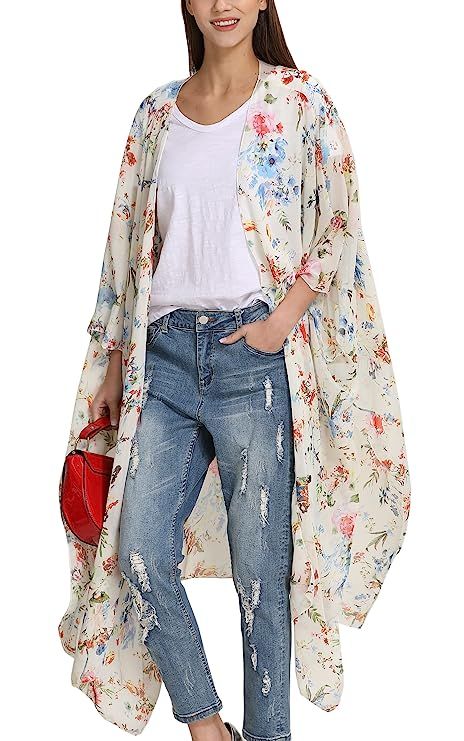 Hibluco Women's Floral Kimono Cardigan Sheer Tops Loose Blouse Cover Ups | Amazon (US)