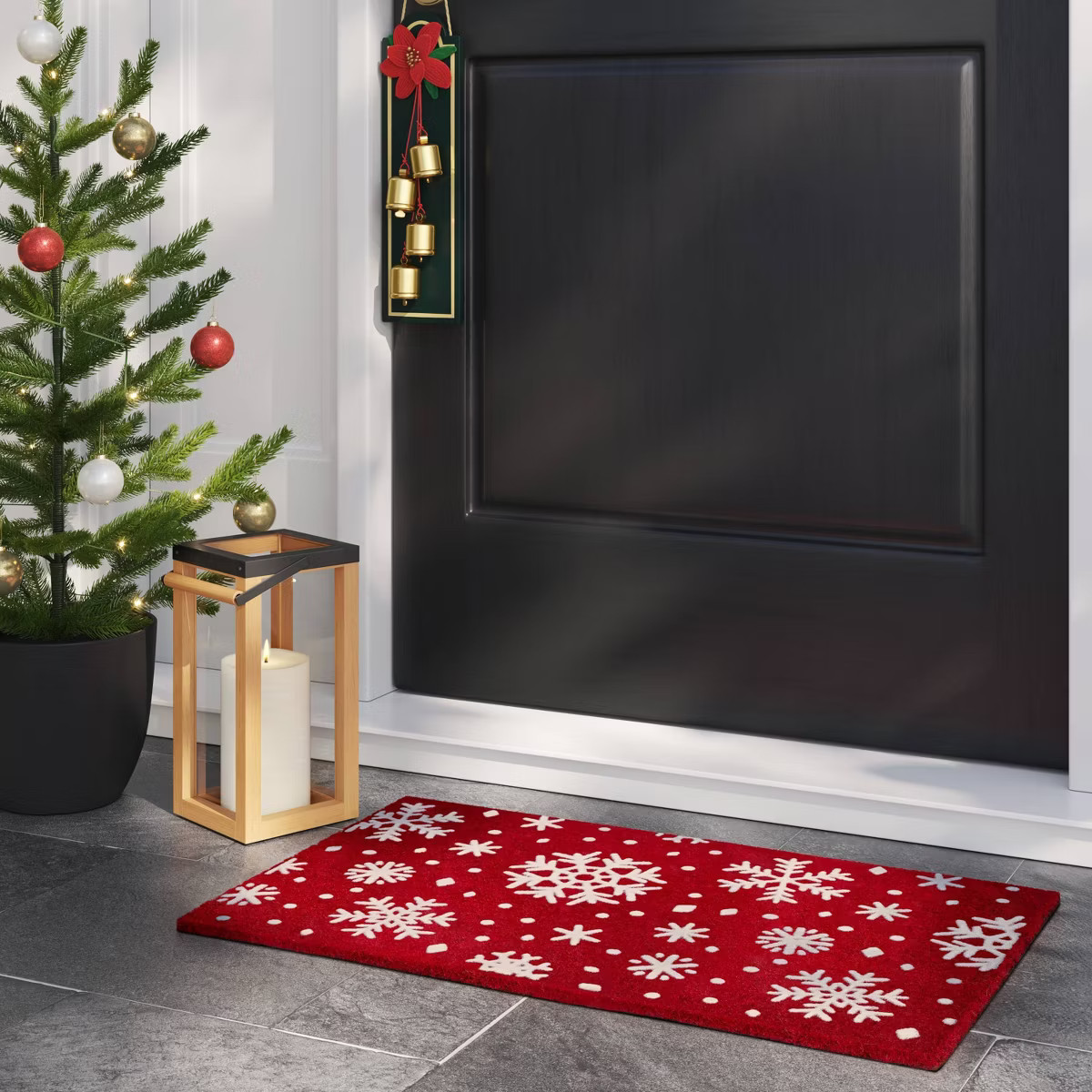 1'6"x2'6" Christmas Snowflakes Flocked Coir Doormat Red/White - Wondershop™ | Target