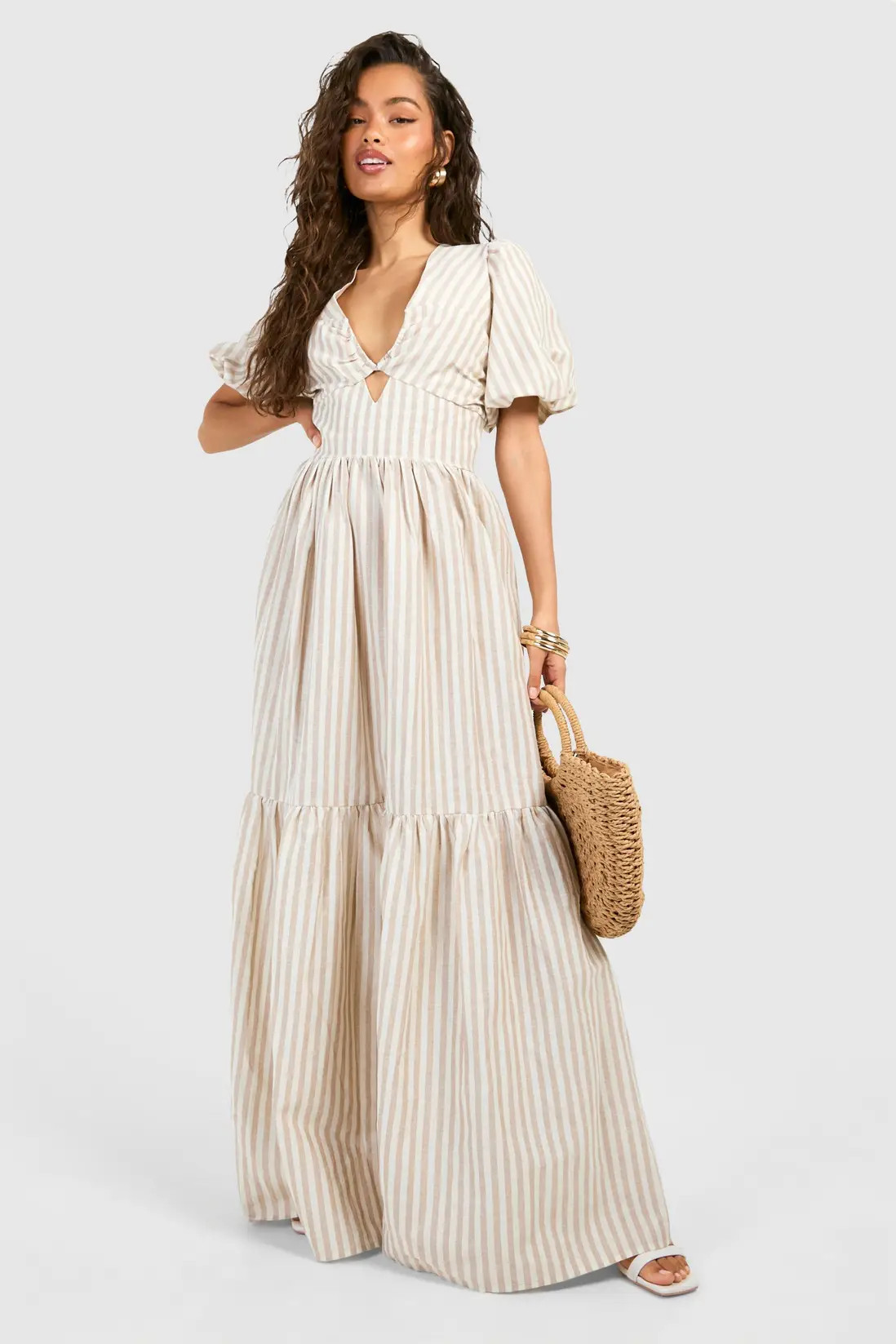 Stone Stripe Tiered Maxi Dress | Boohoo USA | boohoo (US & Canada)