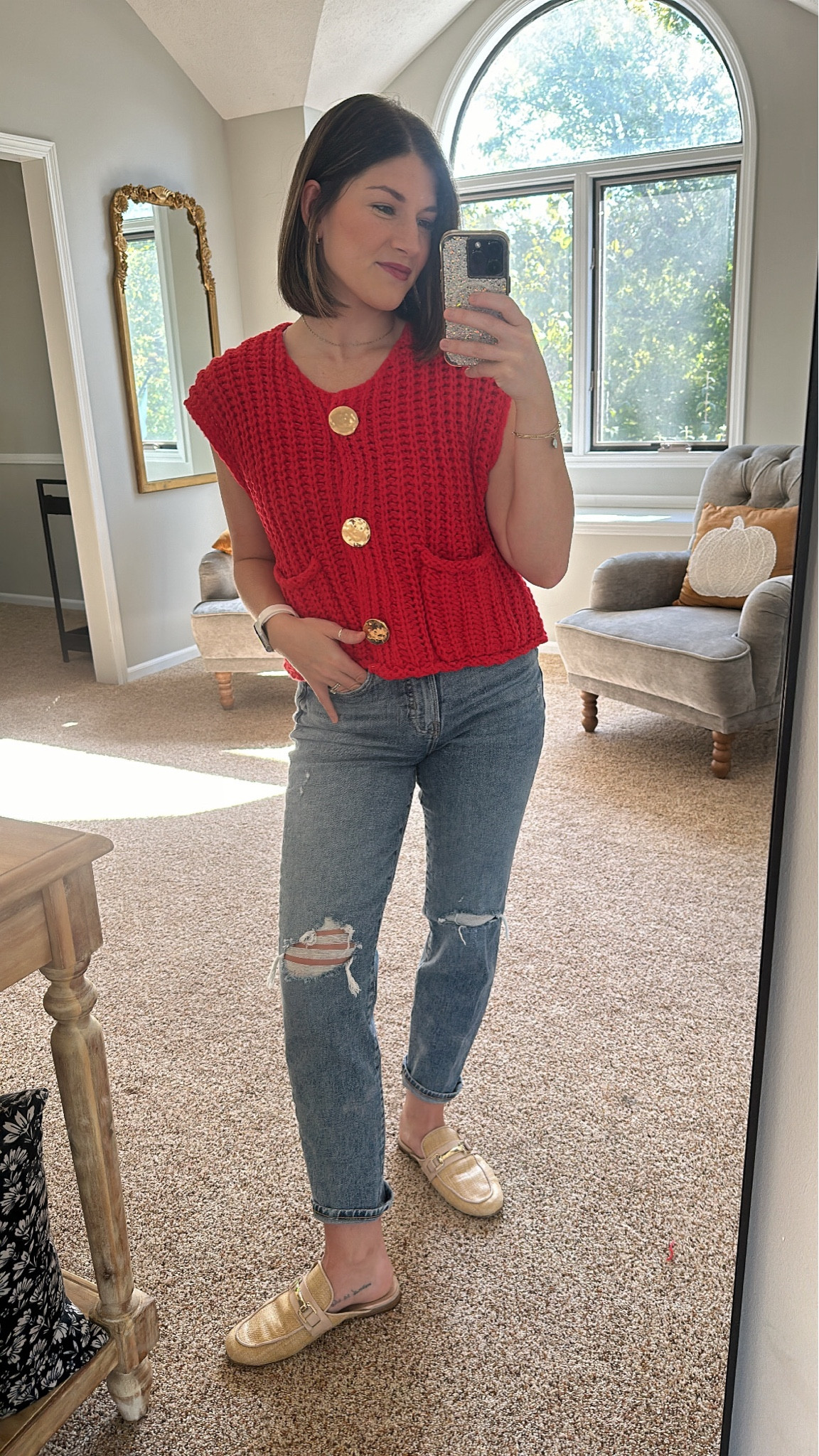 Red for fall 😍 obsessed with the gold detailing on this sweater. 
Wearing size M, but could have done S! 

#LTKSeasonal #LTKfindsunder50 #LTKstyletip