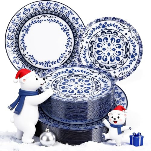 Hioasis Blue Plastic Plates, Floral Disposable Plates, 60 Pcs for 30 Guests | Amazon (US)